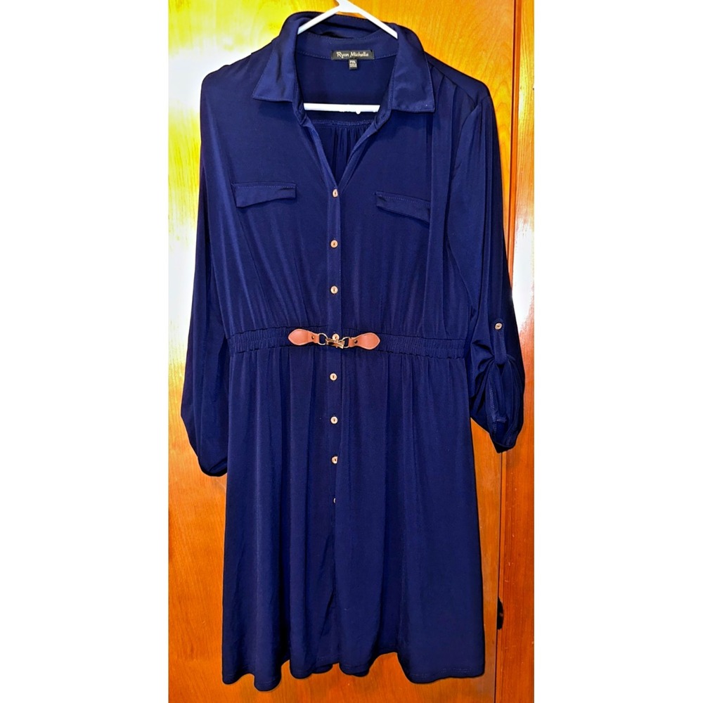 Ryan Michelle Navy Blue Button Down Shirt Dress Size PXL